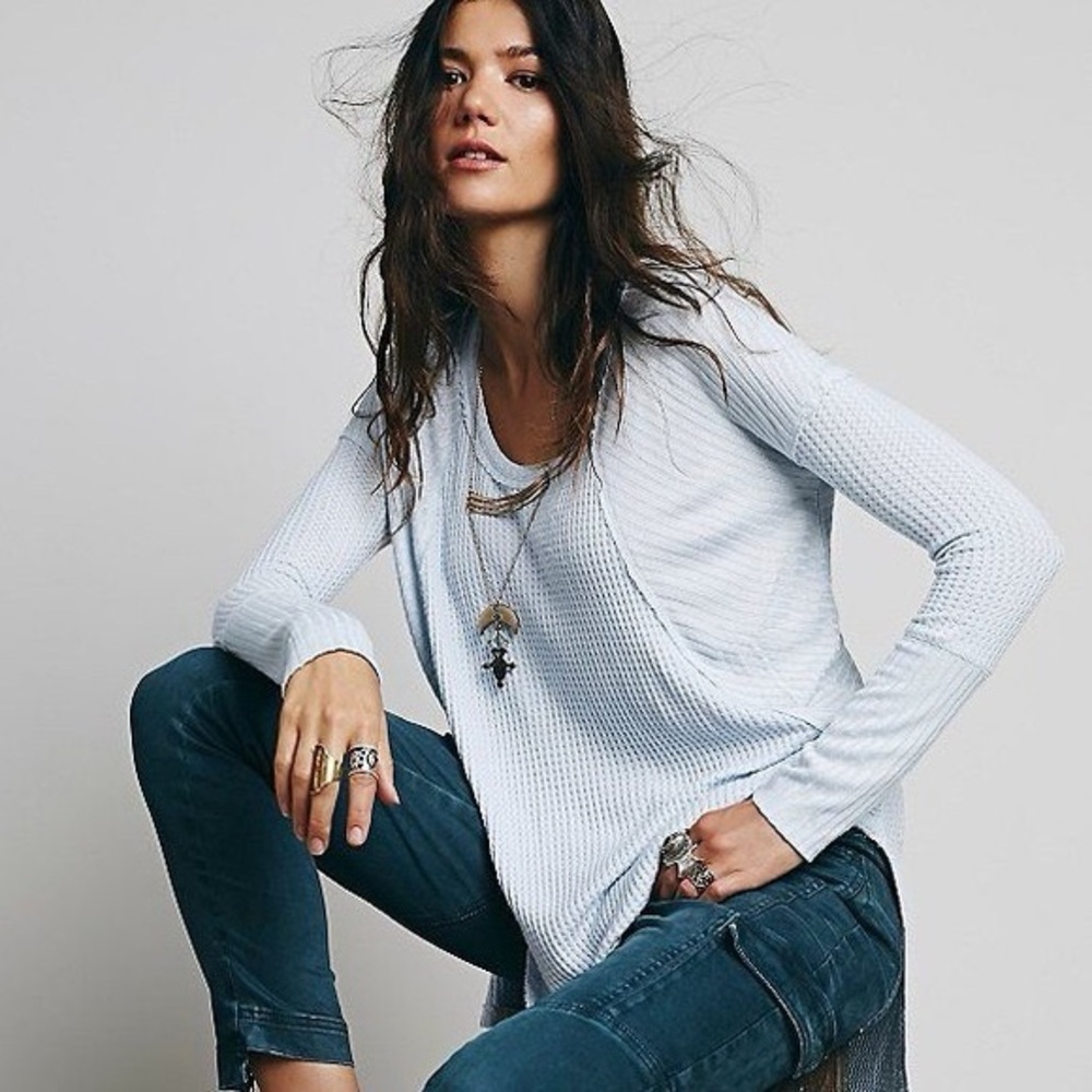 Free People Light Blue Ventura Waffle Knit Long Sleeve Thermal
